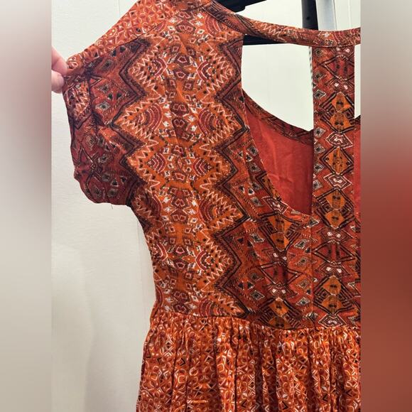 Free People Bohemian Rust Red Dress with Geometric Patterns - Super Soft Rayon - Picture 6 of 8